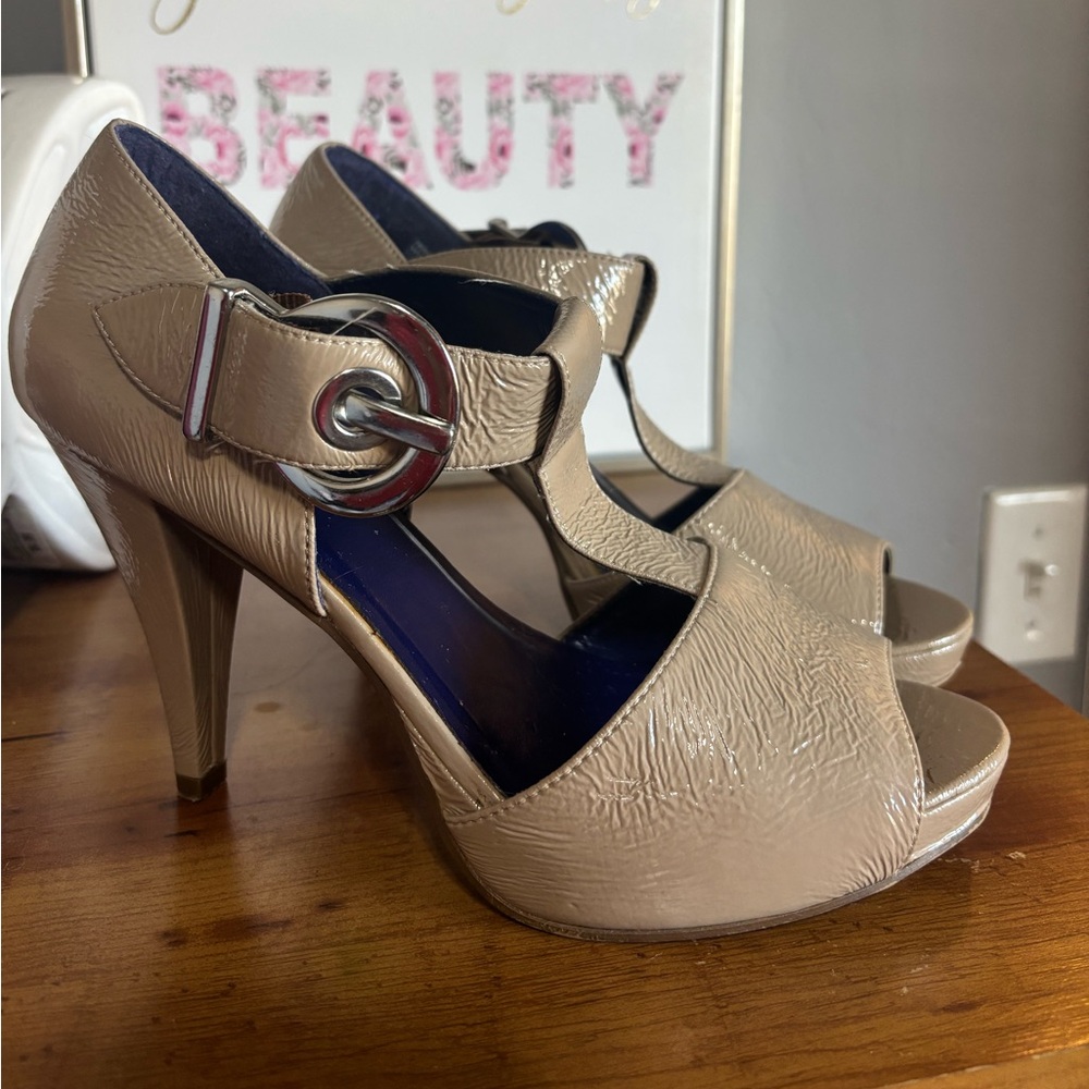 Candie’s Taupe Peep-Toe Platform Heels